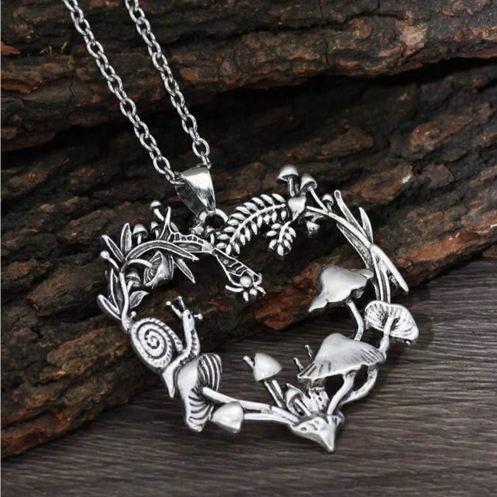 Cottagecore Necklace Mushrooms, Snail, Leaves, Heart Shape, Silver Color